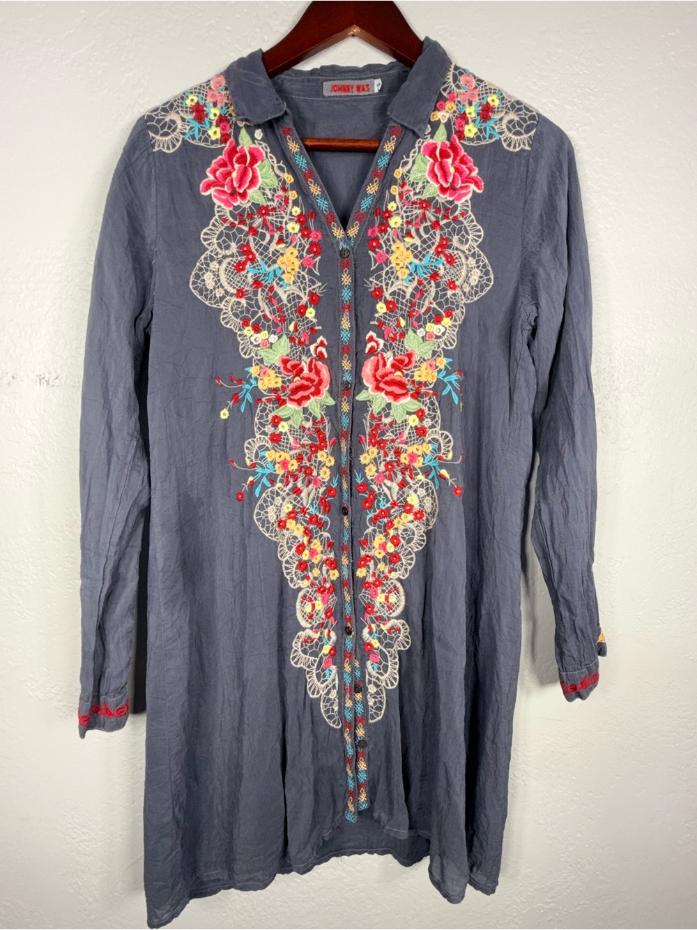Johnny Was Slate Blue Embroidered Floral Tunic